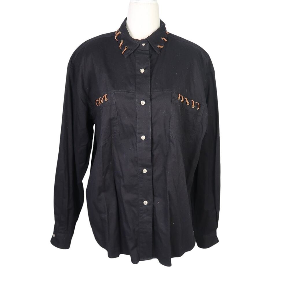 Vintage 90s KZK black western suede trim button down top L
